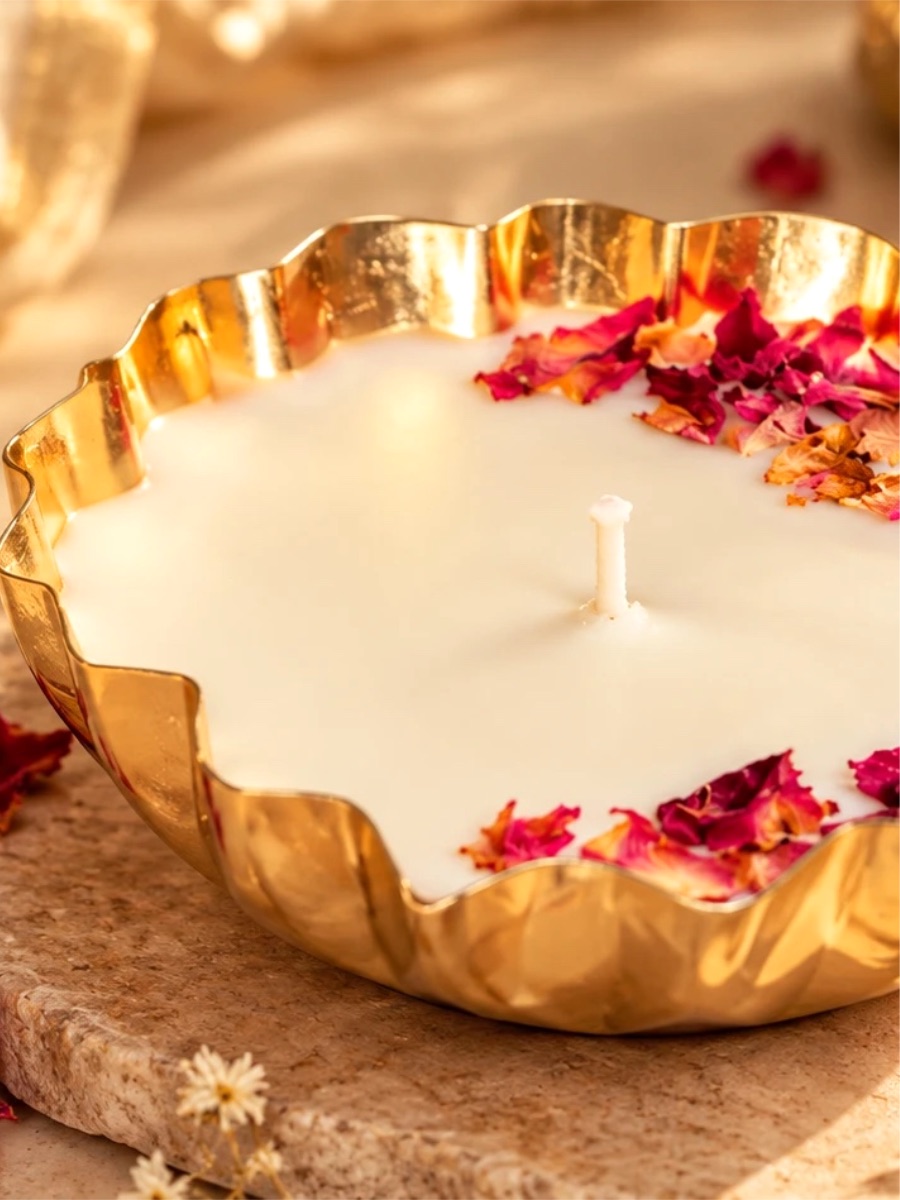 S2 Crafts gold platter candle styled as home décor