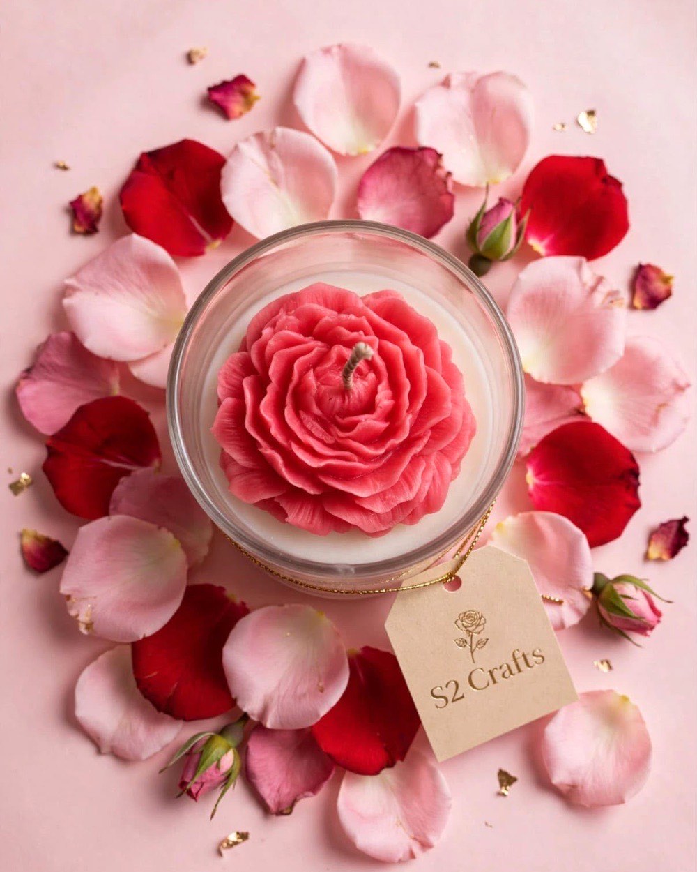 Handmade S2 Crafts platter candle set with pink wax roses