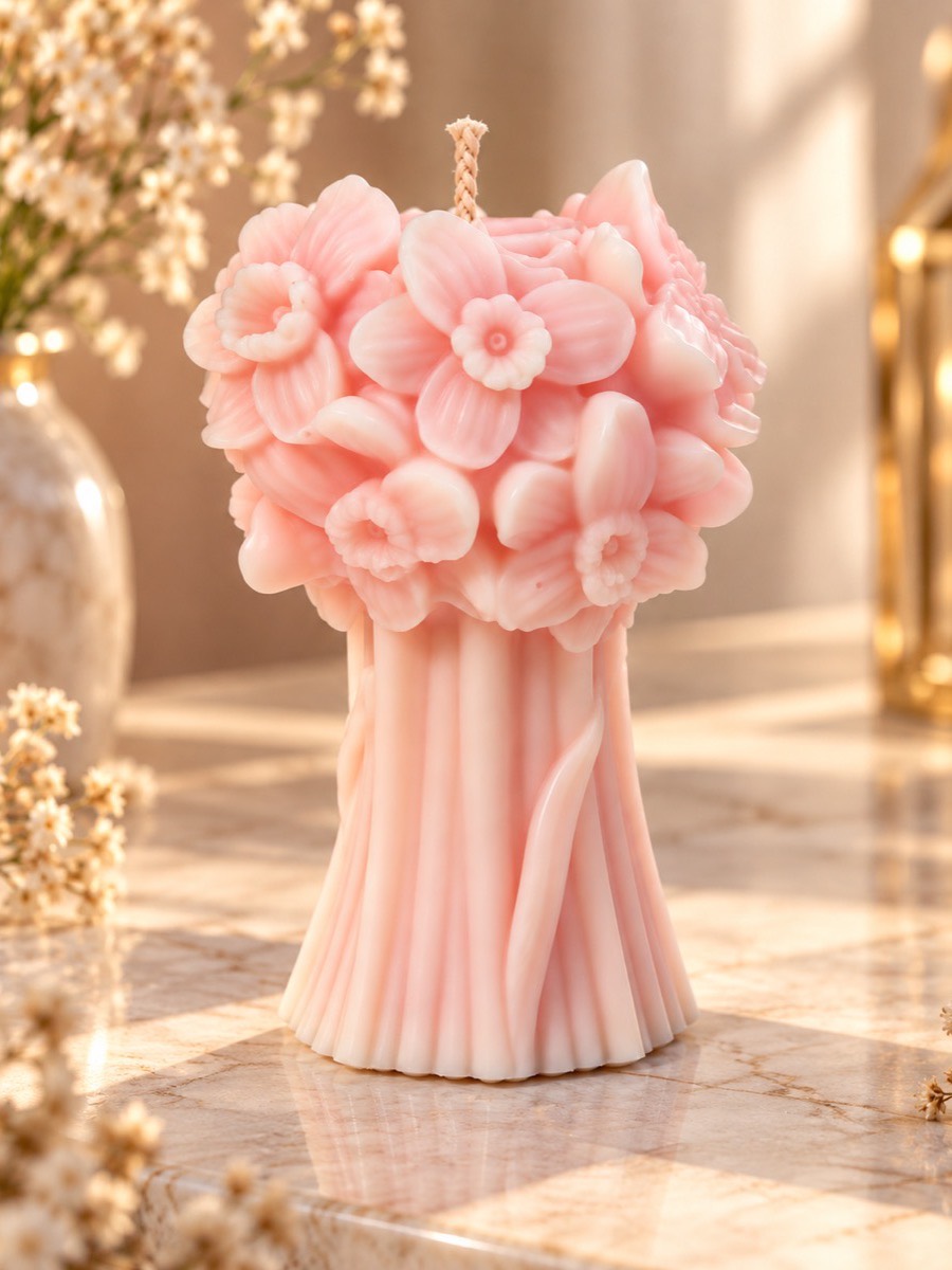 S2 Crafts blush bouquet candle styled on a bedside table