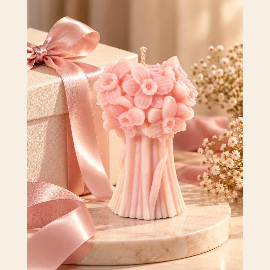S2 Crafts blush pink floral bouquet pillar candle beside a ribboned gift box