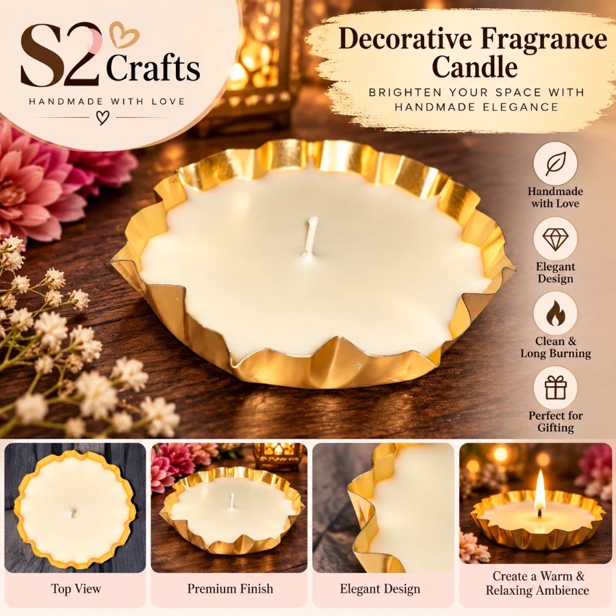 S2 Crafts plain ivory platter candle in a fluted gold tray