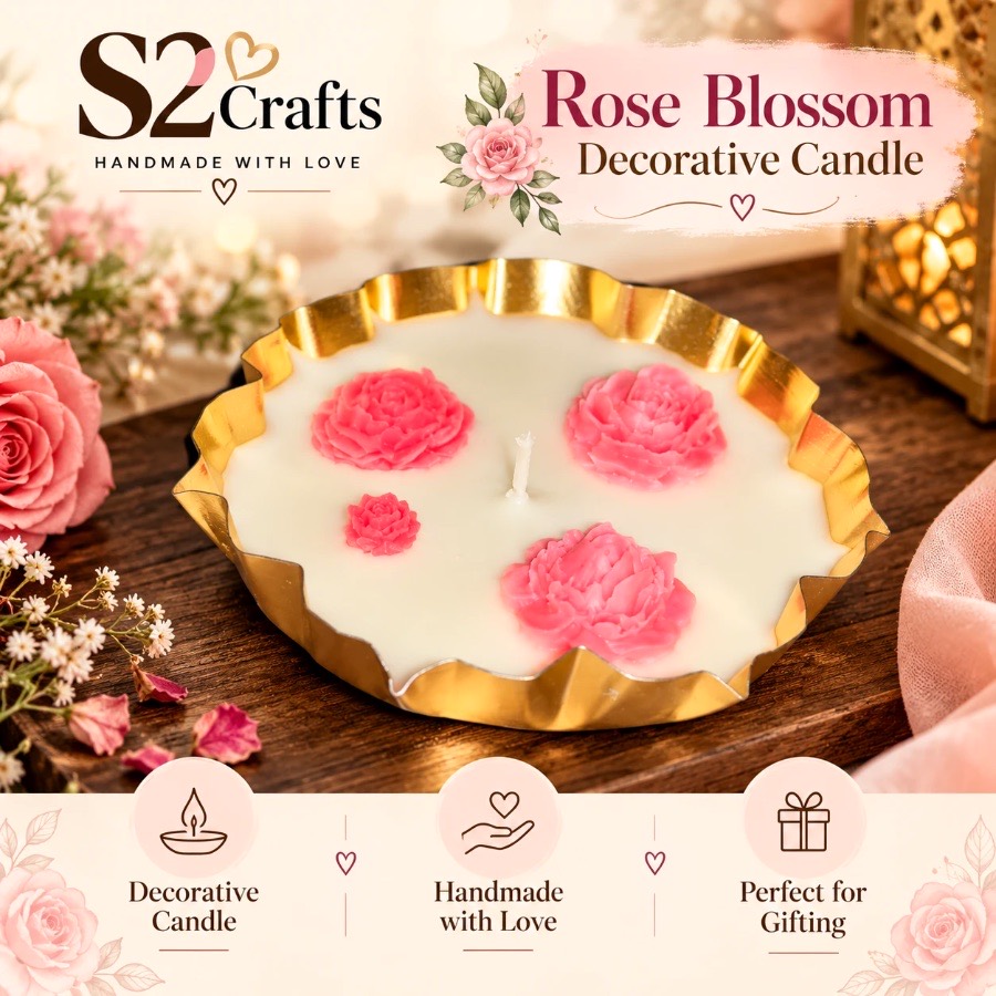 S2 Crafts gold platter candle set with four handmade pink wax roses