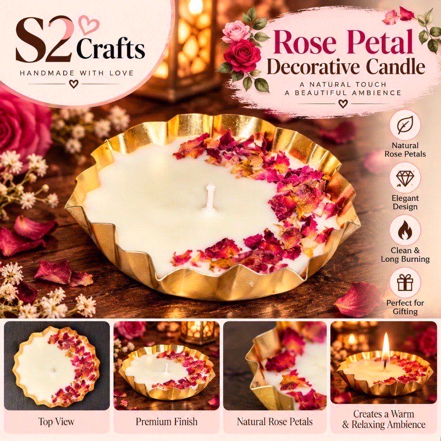 S2 Crafts rose petal platter candle — ivory wax in a fluted gold tray with real dried rose petals