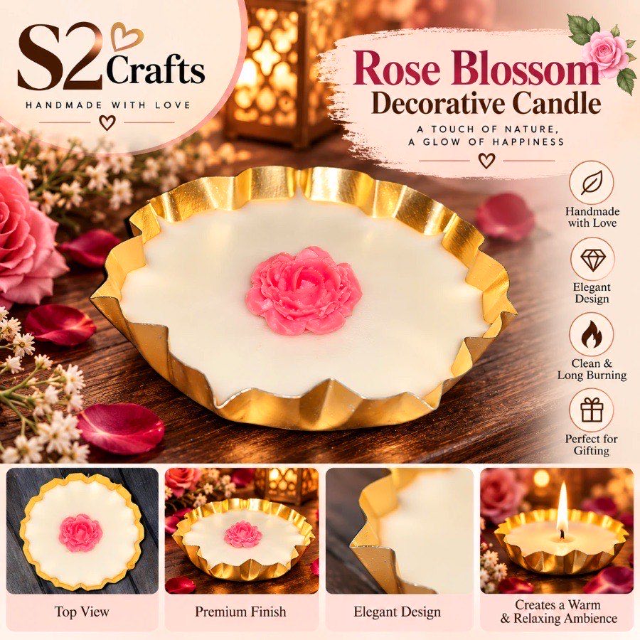 S2 Crafts gold platter candle with a single handmade pink wax rose in the centre