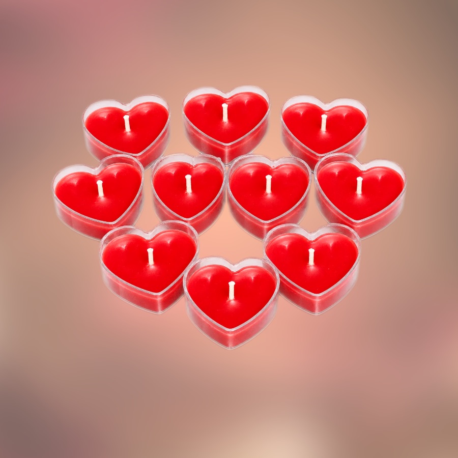 Set of ten red heart shaped tealight candles by S2 Crafts in clear holders