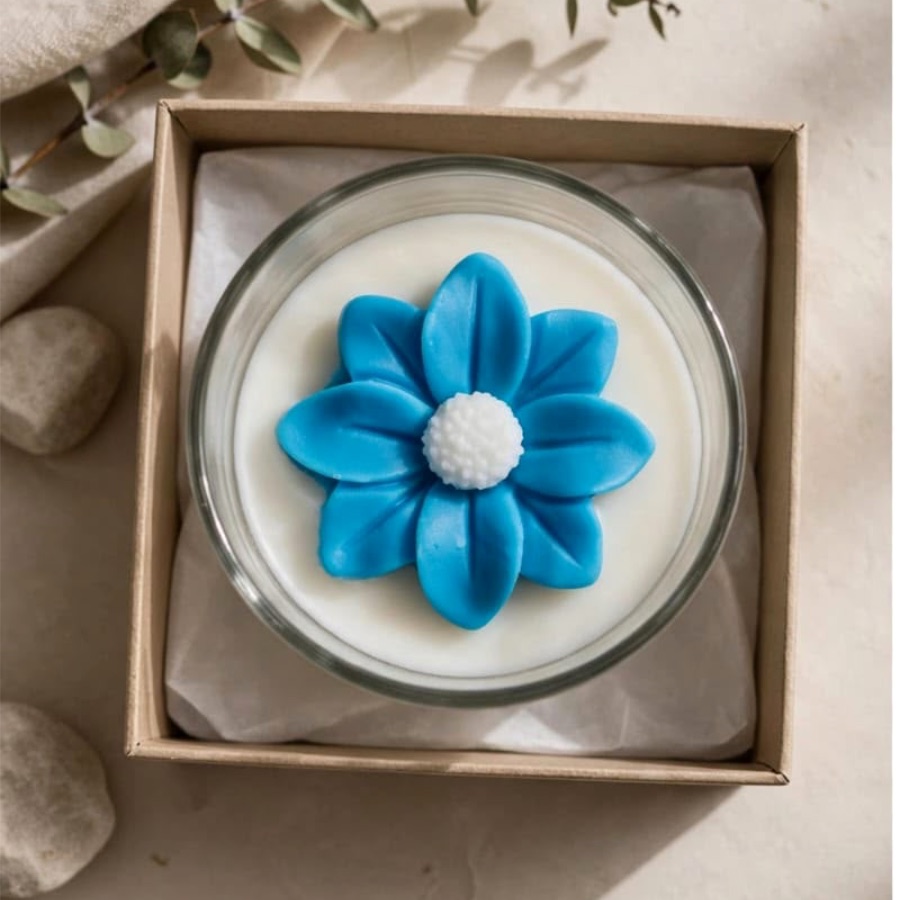 S2 Crafts blue flower jar candle presented in a gift box with a tag