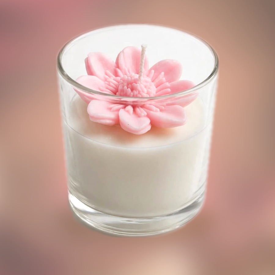 S2 Crafts glass jar candle topped with a handmade pink cherry blossom flower