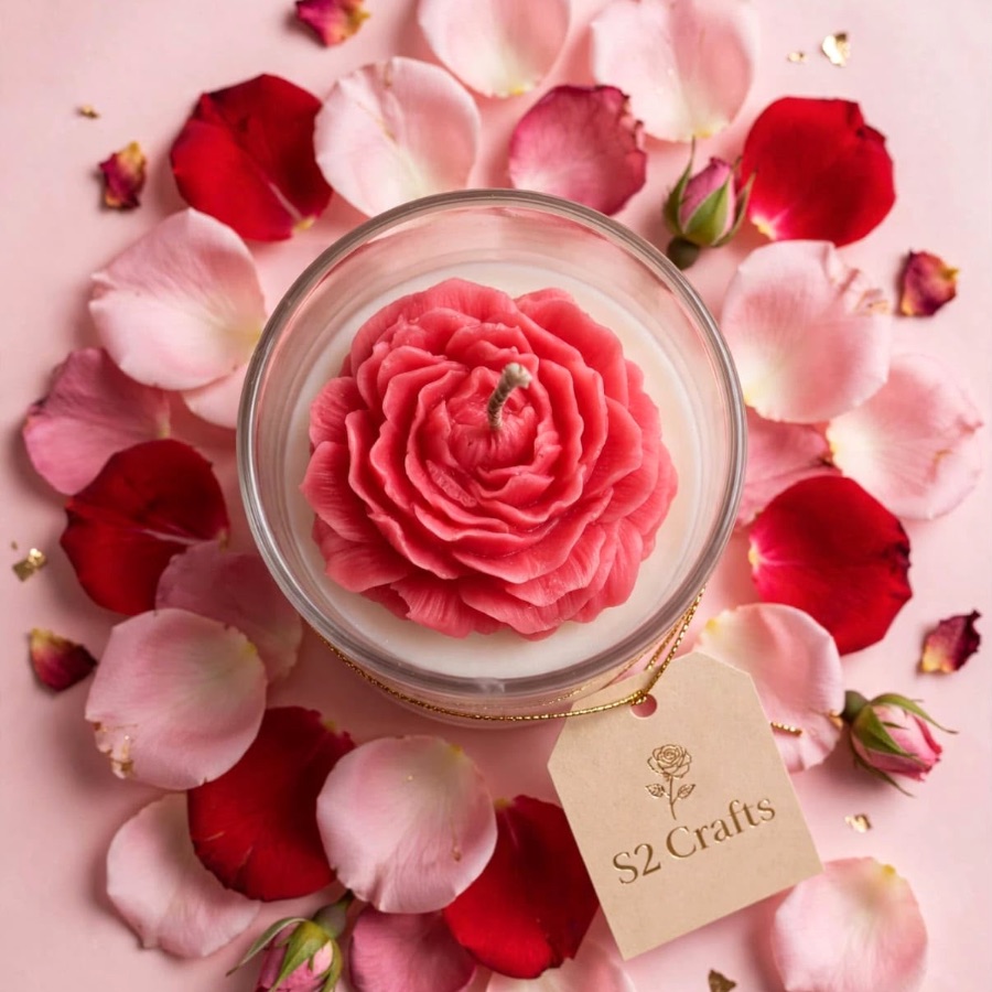 S2 Crafts glass jar candle topped with a handmade pink rose