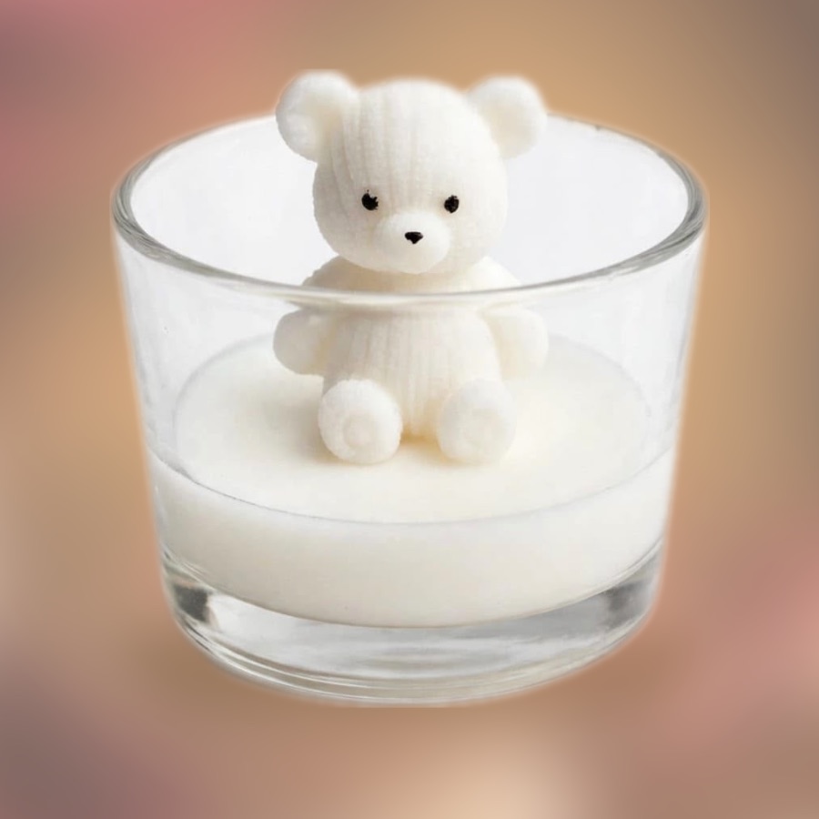 S2 Crafts glass jar candle with a handmade white teddy bear on top