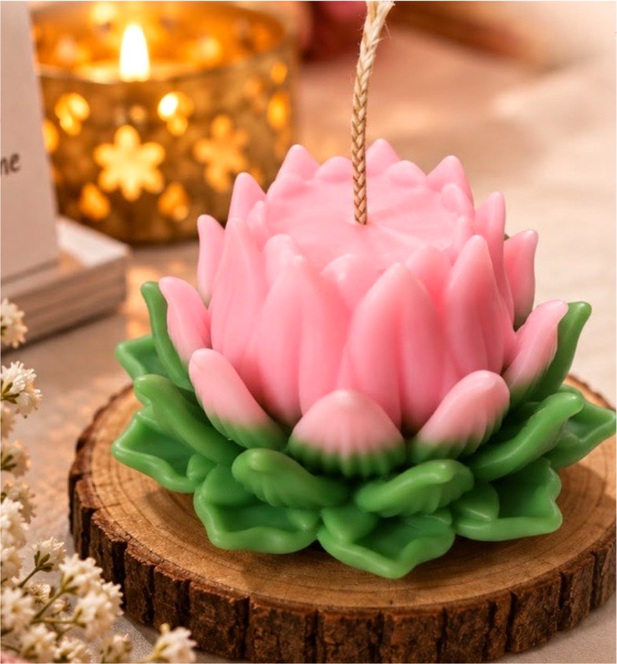 S2 Crafts handmade pink and green lotus candle on a wooden slice, lit beside a gold lantern