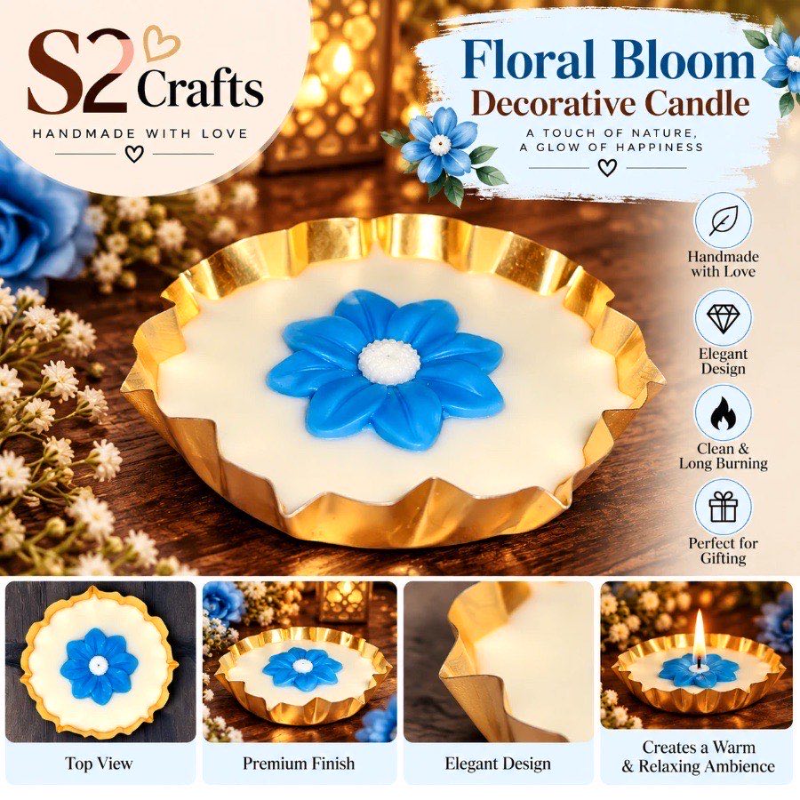 S2 Crafts Floral Bloom decorative candle — blue wax flower on ivory wax in a gold platter