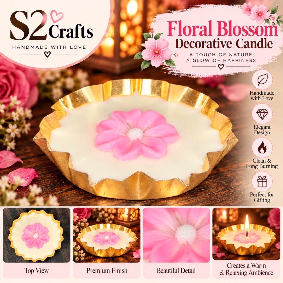 S2 Crafts Floral Blossom decorative candle — pink wax flower on ivory wax in a gold platter
