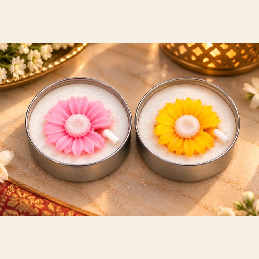S2 Crafts decorative flower tealight candles in tins — ivory wax with pink and yellow daisies