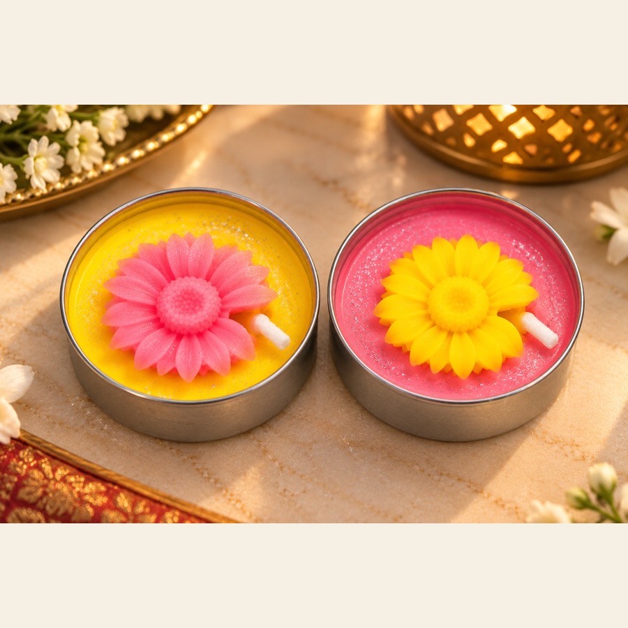 S2 Crafts decorative flower tealight candles in tins — pink and yellow daisy design