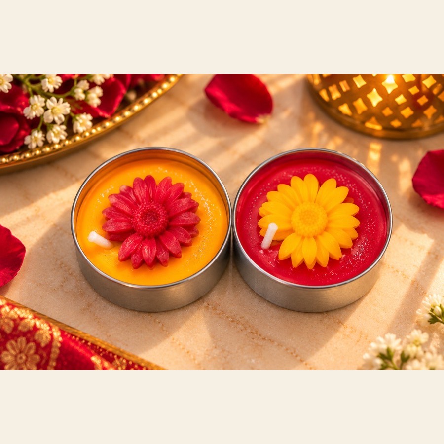 S2 Crafts decorative flower tealight candles in tins — red and marigold daisy design