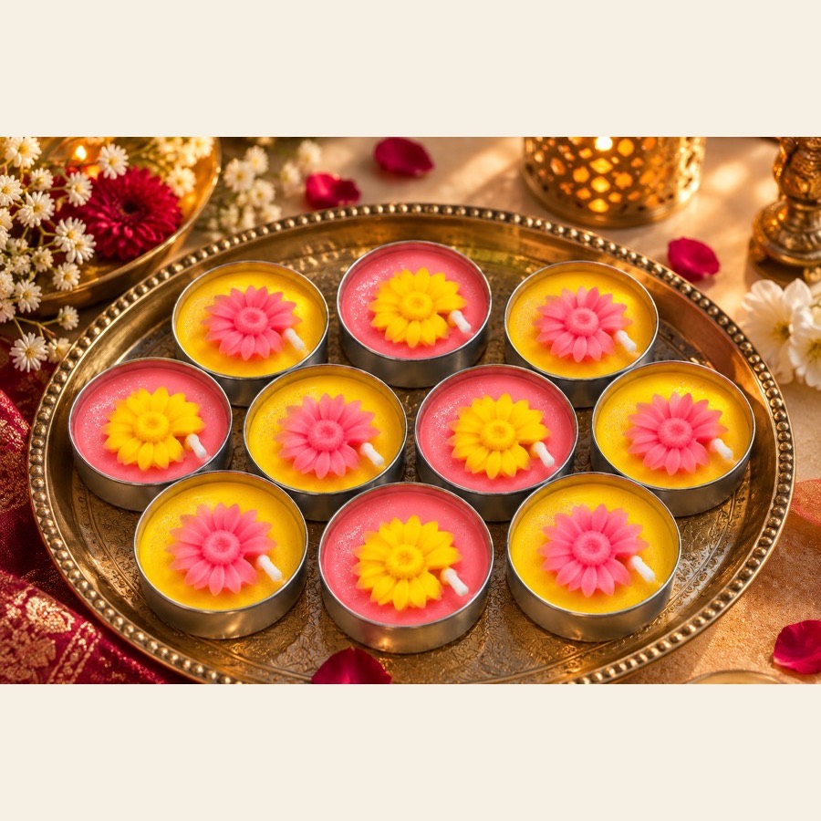 S2 Crafts daisy tealight candles arranged on a brass thali with rose petals